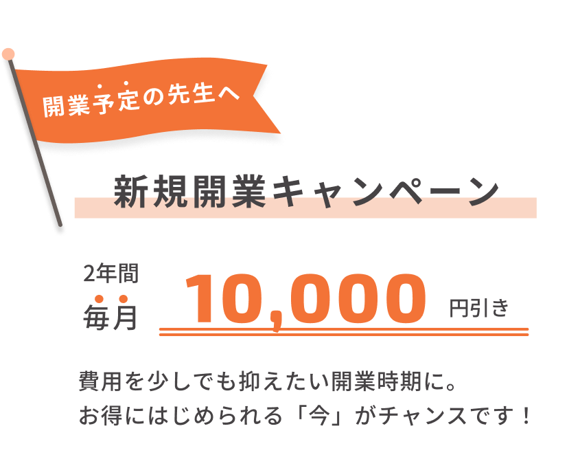 新規開業予定の動物病院向け「新規開業キャンペーン」。電子カルテ「ミニイク」を2年間、毎月10,000円割引でお得に導入できる内容を紹介したビジュアル。
