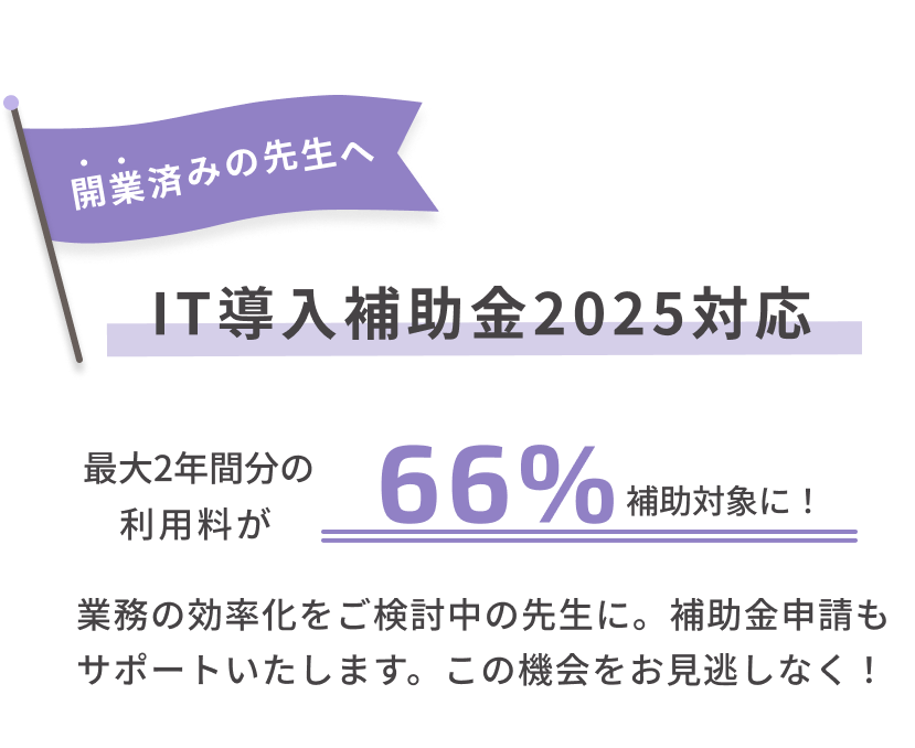 開業済みの動物病院向けIT導入補助金2025対応情報。電子カルテ「ミニイク」の導入により、最大2年分の利用料が66％補助対象となり、補助金申請サポートも受けられることを紹介したビジュアル。

